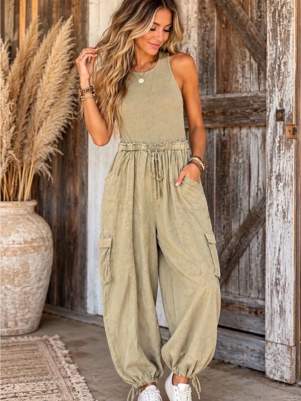 Bluevelvet Sleeveless Utility Jumpsuit in mineral wash khaki Green